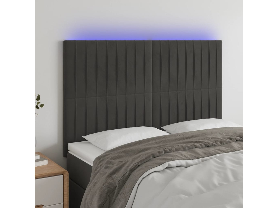 Vidaxl Cabeceira De Cama C/ Led Veludo 144x5x118/128 Cm Cinza-escuro