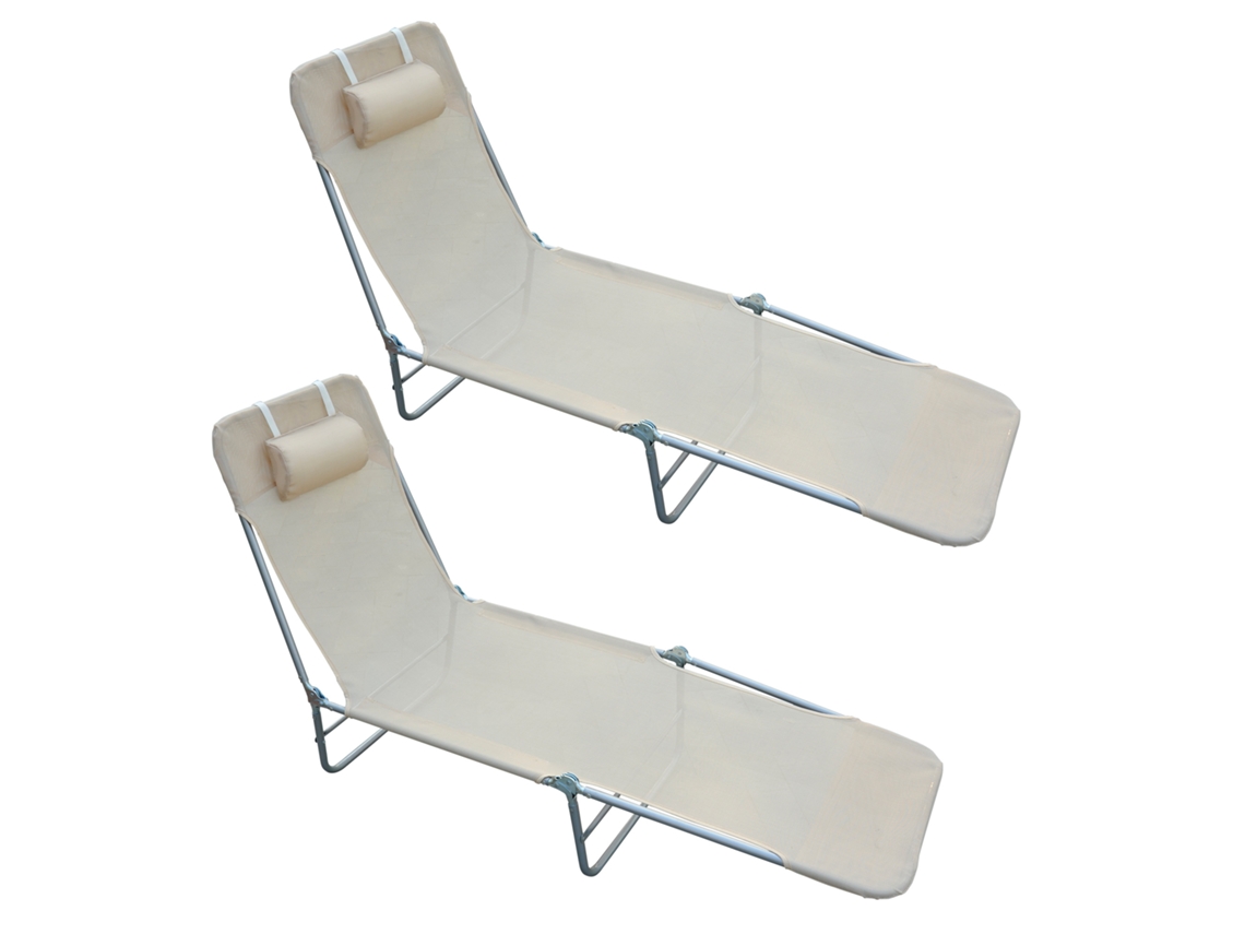 Conjunto de 2 Espreguiçadeiras Dobráveis com Encosto Reclinável de 4 Níveis. Metal e Tecido de Malha. Bege Ge