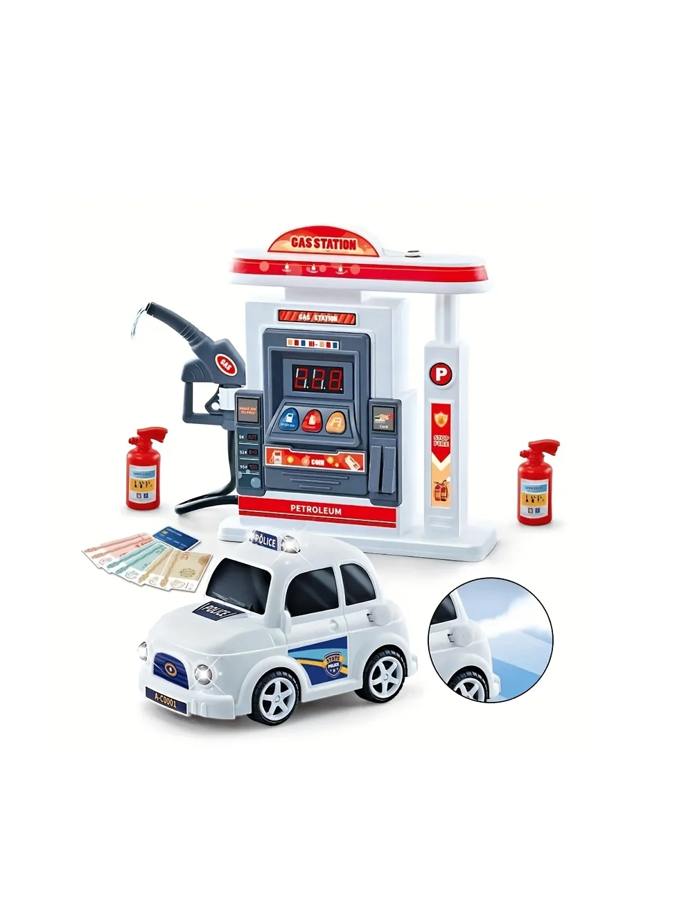 (azul) Posto De Gasolina Realista Para Crianças, Completo Com Carro De Polícia E Acessórios Para Abastecimento.