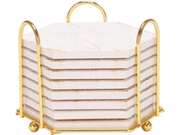 Conjunto De 8 Porta Copos Absorventes Com Suporte, Design De Mármore, Em Cerâmica, Superabsorventes Gokoco