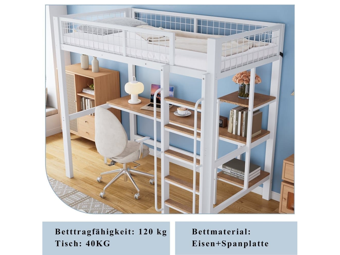 Beliche 90x200cm - Com Mesa E Prateleiras, 5 Degraus, Com Proteção Contra Quedas - Branco+natural