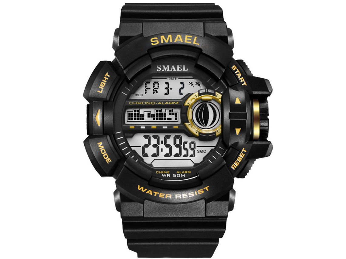 Relógio esportivo masculino Smael com pulseira de plástico à prova d'água para atividades ao ar livre, preto e dourado.