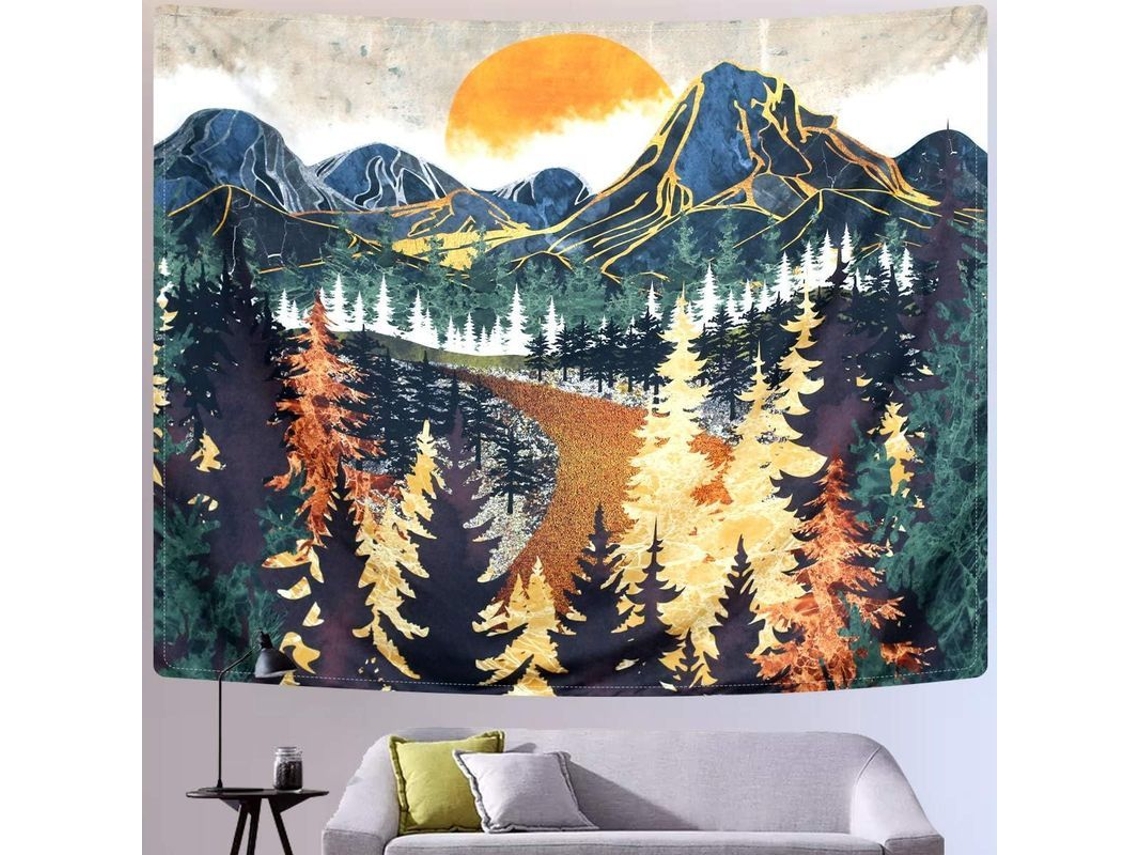 Tapeçaria de parede com montanhas, floresta, árvores, pôr do sol, caminho e natureza para decoração de interiores e exteriores.
