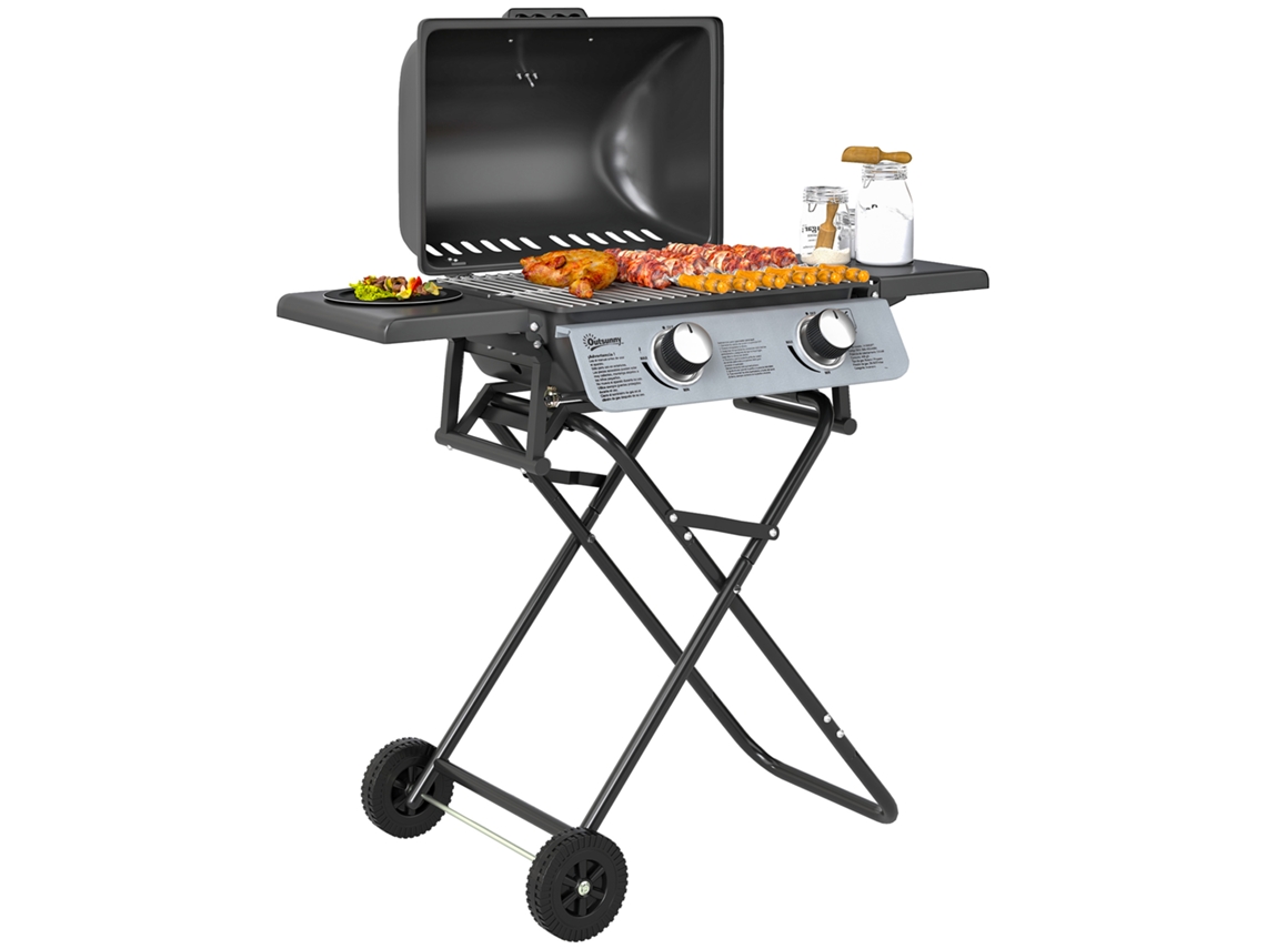 Churrasco a Gás Portátil. 2 Queimadores de 5,6 Kw. Churrasco a Gás de Camping com Prateleiras Laterais, Termômetro e Rodas. Preto Ge