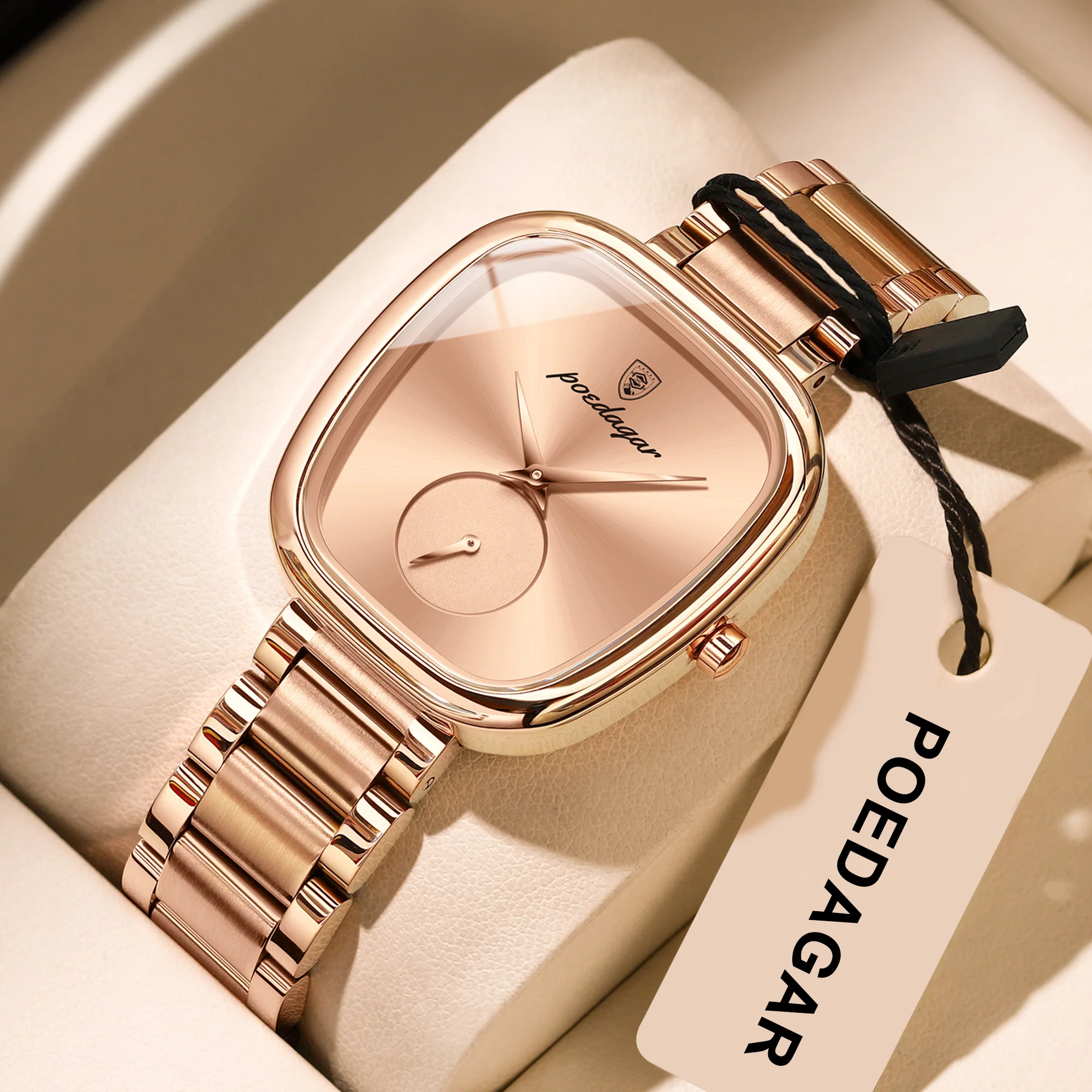 Relógio feminino de luxo de alta qualidade (ouro rosa), em aço inoxidável, à prova d'água, elegante e sofisticado, com mecanismo de quartzo.
