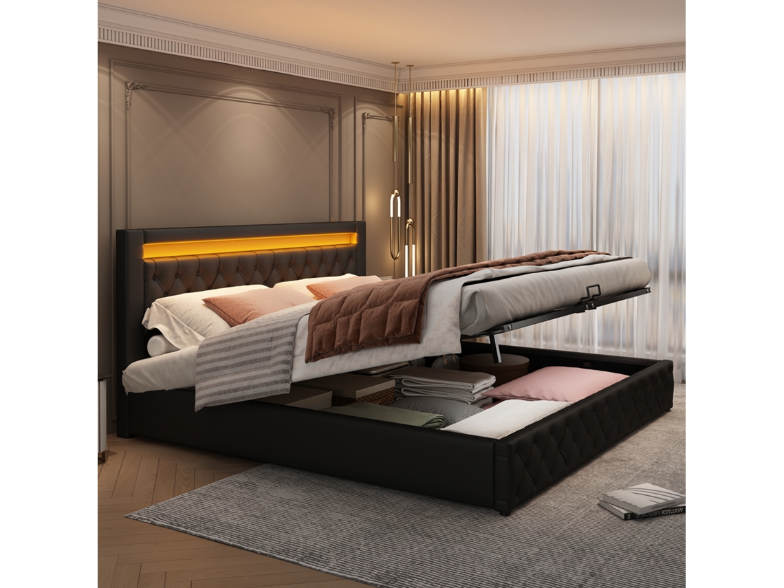 Cama Box 180x200 Cm Com Led, Estante E Armazenamento Preto Pu