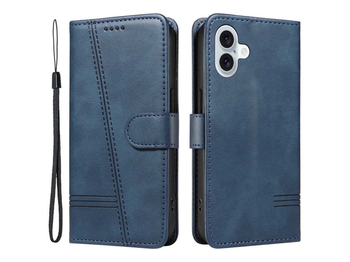 Capa Em Couro Pu Para Apple Iphone 16plus, Cor Azul