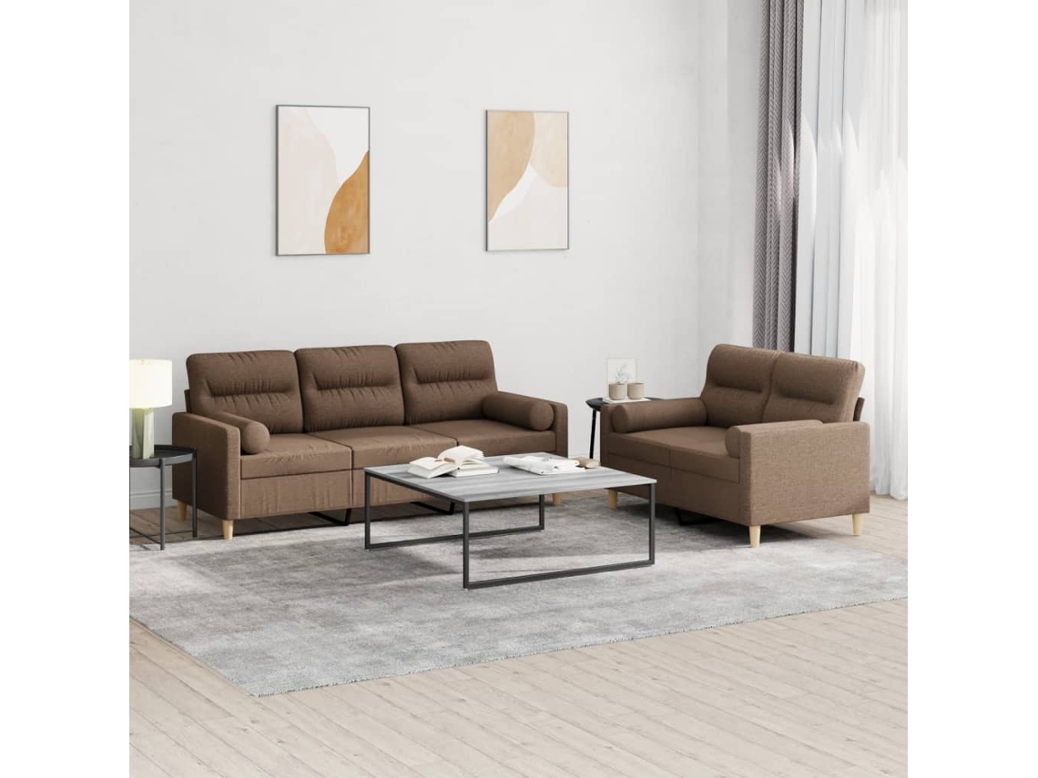 Vidaxl 2 Pcs Conjunto De Sofás Com Almofadas Tecido Castanho