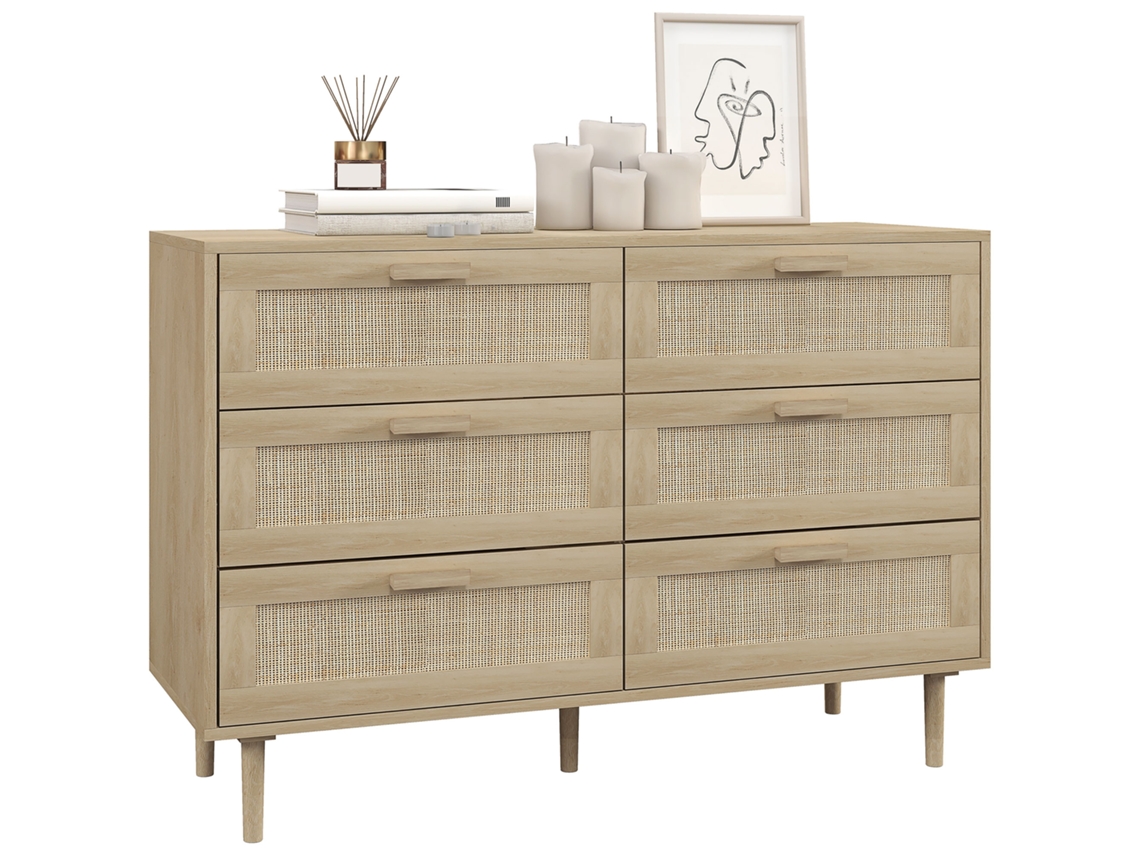 Cômoda Do Quarto Com 6 Gavetas E Pernas Dianteiras De Madeira Em Rattan, Cômoda Estilo Boêmio De 110x40x75 Cm Em Carvalho