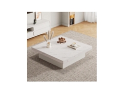 Mesa De Centro Quadrada Branca Moderna Com Aparência De Mármore,90 X 90 X 25 Cm Quatro Gavetas,tampo Deslizante,capacidade De Carga Quenty