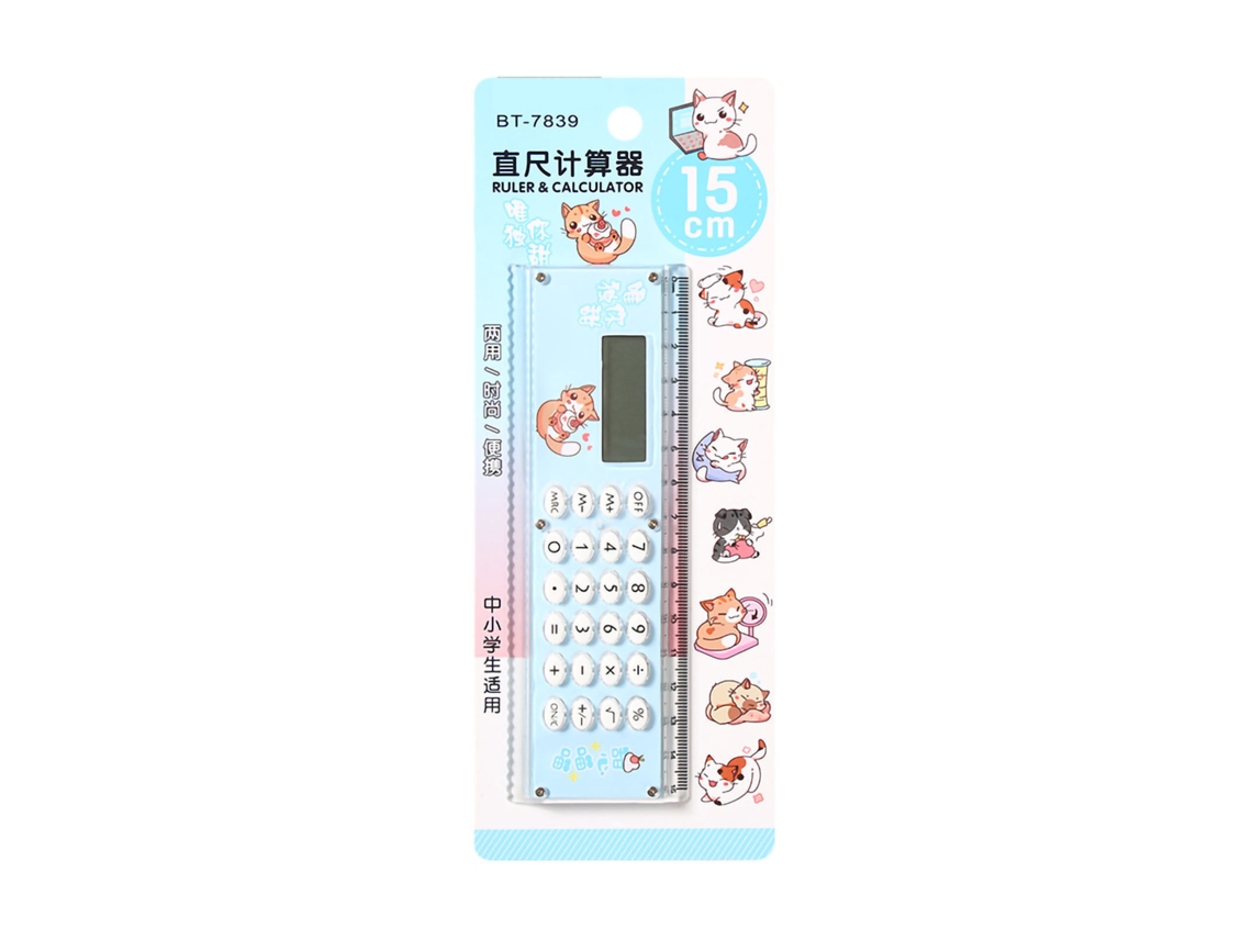 Calculadora portátil pequena com teclas de silicone azul em material acrílico Régua.