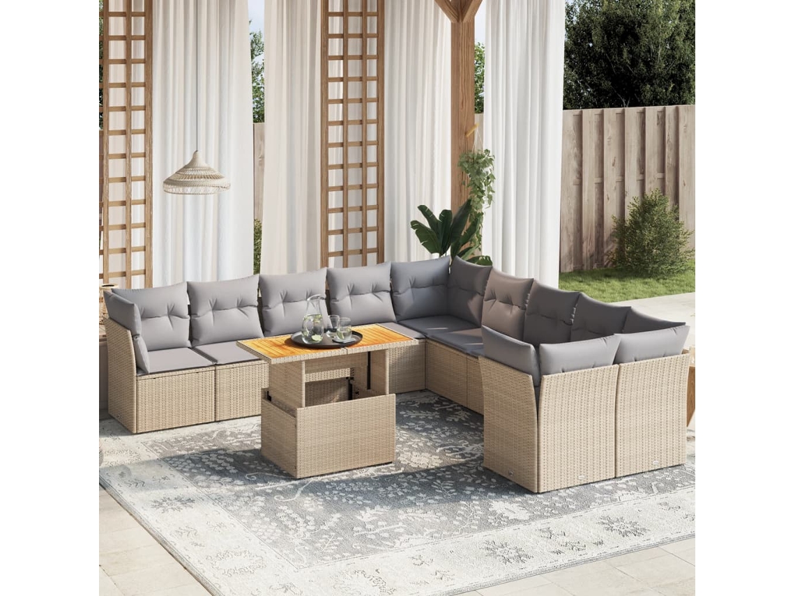 Vidaxl 11 Pcs Conjunto Sofás de Jardim C/ Almofadões Vime Pe Bege