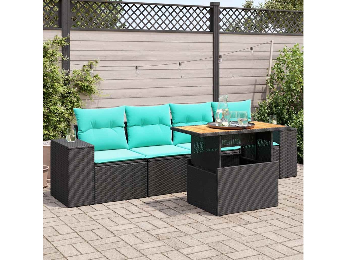 Vidaxl 5 Pcs Conjunto Sofás De Jardim Com Almofadões Vime Pe Preto