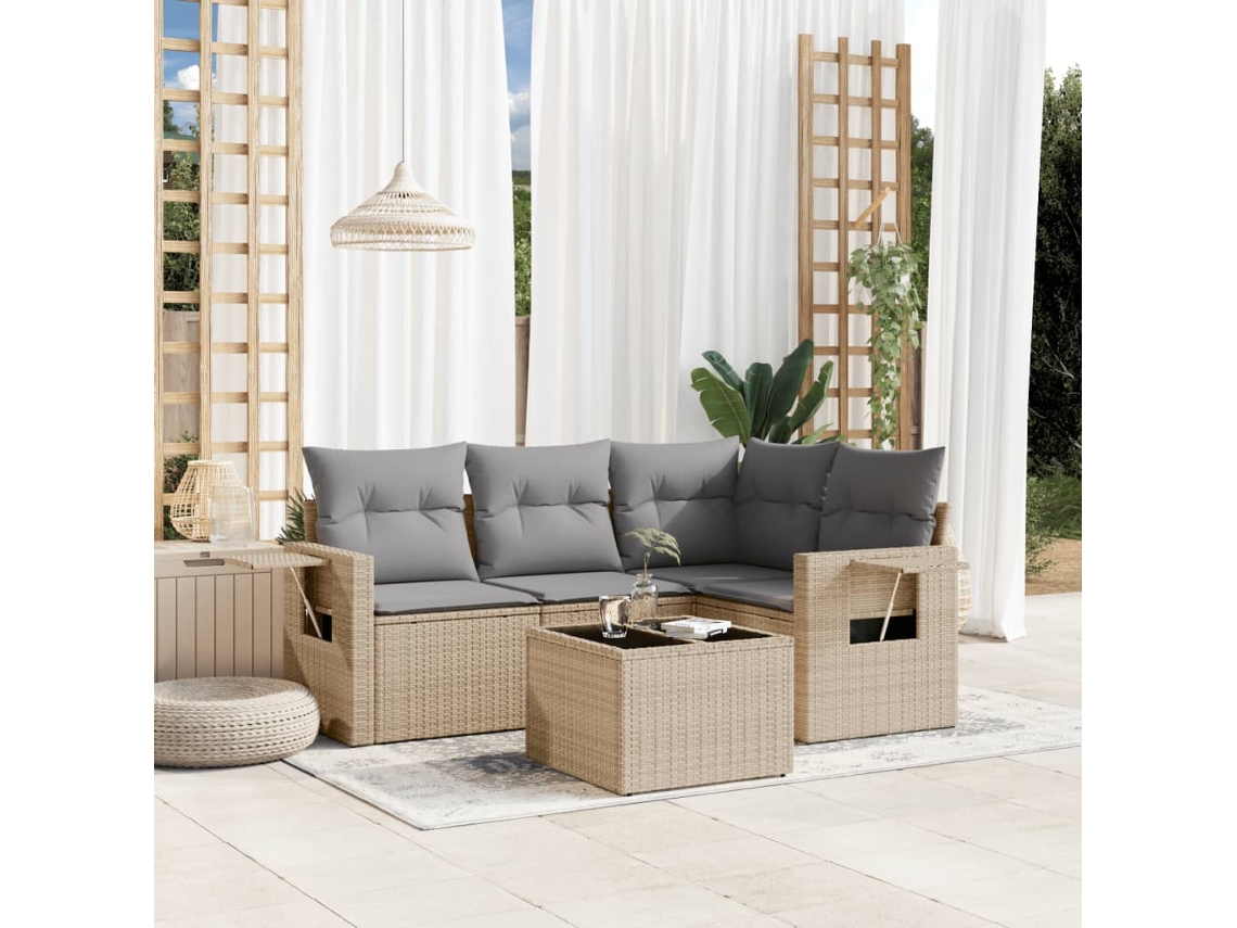 Vidaxl 5 Pcs Conjunto De Sofás P/ Jardim Com Almofadões Vime Pe Bege