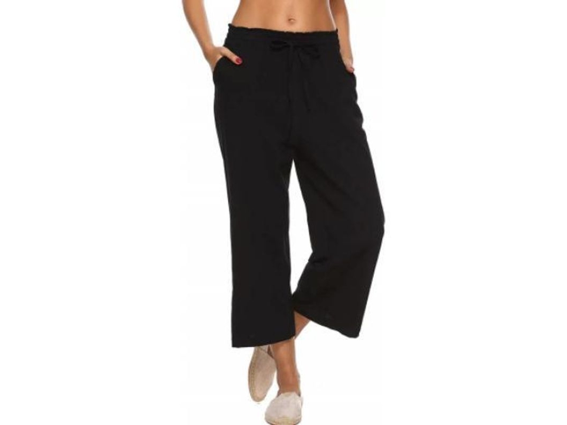 2026 pantalones de Lino para Mujer de Cintura Alta, Pierna Ancha Con Cordón Y Bolsillos Casuales Sueltos XXL Negro