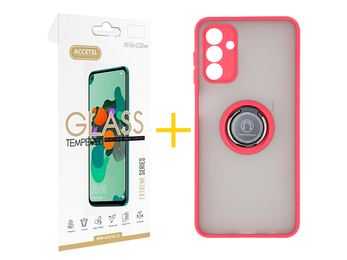 Pack 1 x Película de Vidro Temperado 2.5D + Capa ACCETEL Samsung Galaxy A16 5G Gel Bumper Ring Vermelho