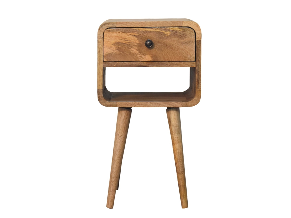 Mini Mesa De Cabeceira Curva Em Madeira Maciça, Cor De Carvalho, 1 Gaveta E Compartimento Aberto, Bege ARTISAN FURNITURE EST 1995 TM