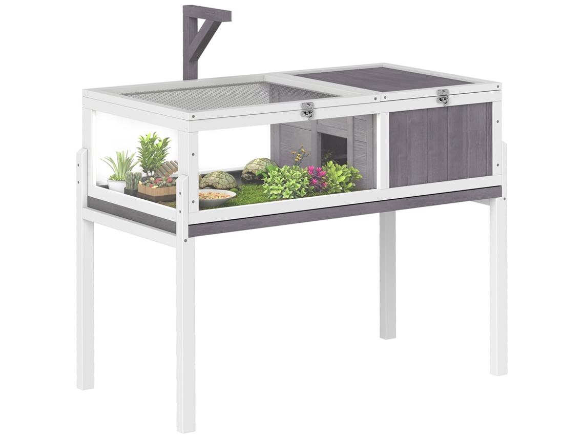 Casa Tartarugas Madeira Terrário 2 Tetos Bandeja Removível Suporte Lâmpada 104x53x82 Branco Cinza
