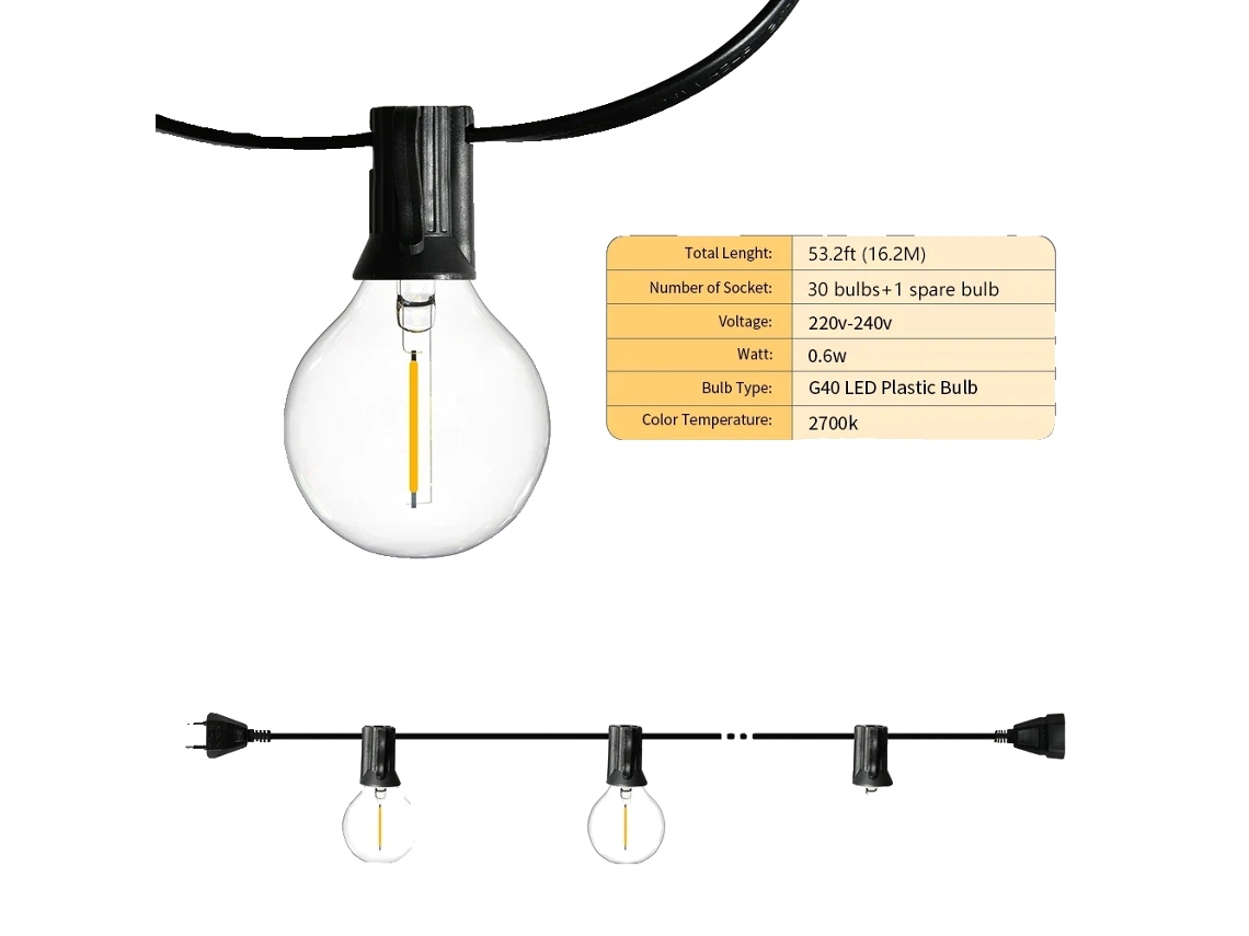 Lã¢mpadas De Luz String G40, 30 A 50 Lã¢mpadas, Design Ã Prova Dãgua,53.2ft 30bulbs,eu Plug Oem