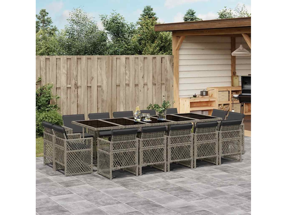 Vidaxl 15 Pcs Conjunto Jantar P/ Jardim C/ Almofadões Vime Pe Cinzento