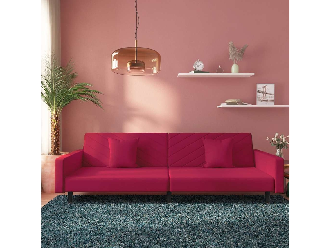 Vidaxl Sofá-cama 2 Lugares Com Duas Almofadas Veludo Vermelho Tinto