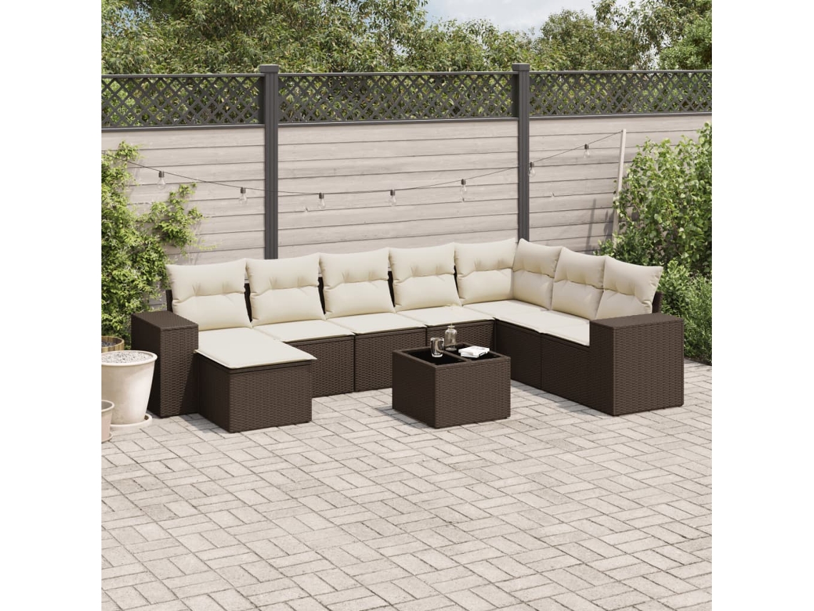 Vidaxl 9 Pcs Conjunto Sofás P/ Jardim C/ Almofadões Vime Pe Castanho
