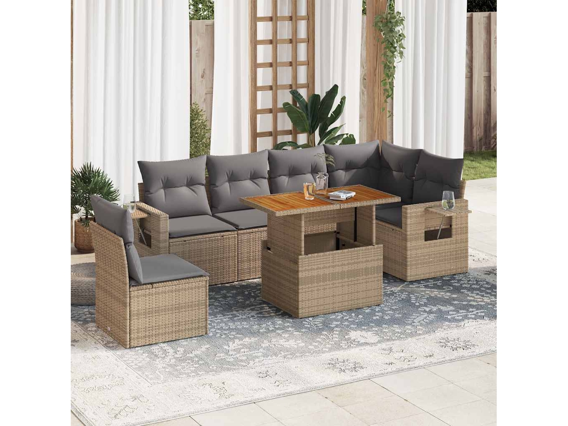 Vidaxl 7 Pcs Conjunto De Sofás P/ Jardim Com Almofadões Vime Pe Bege