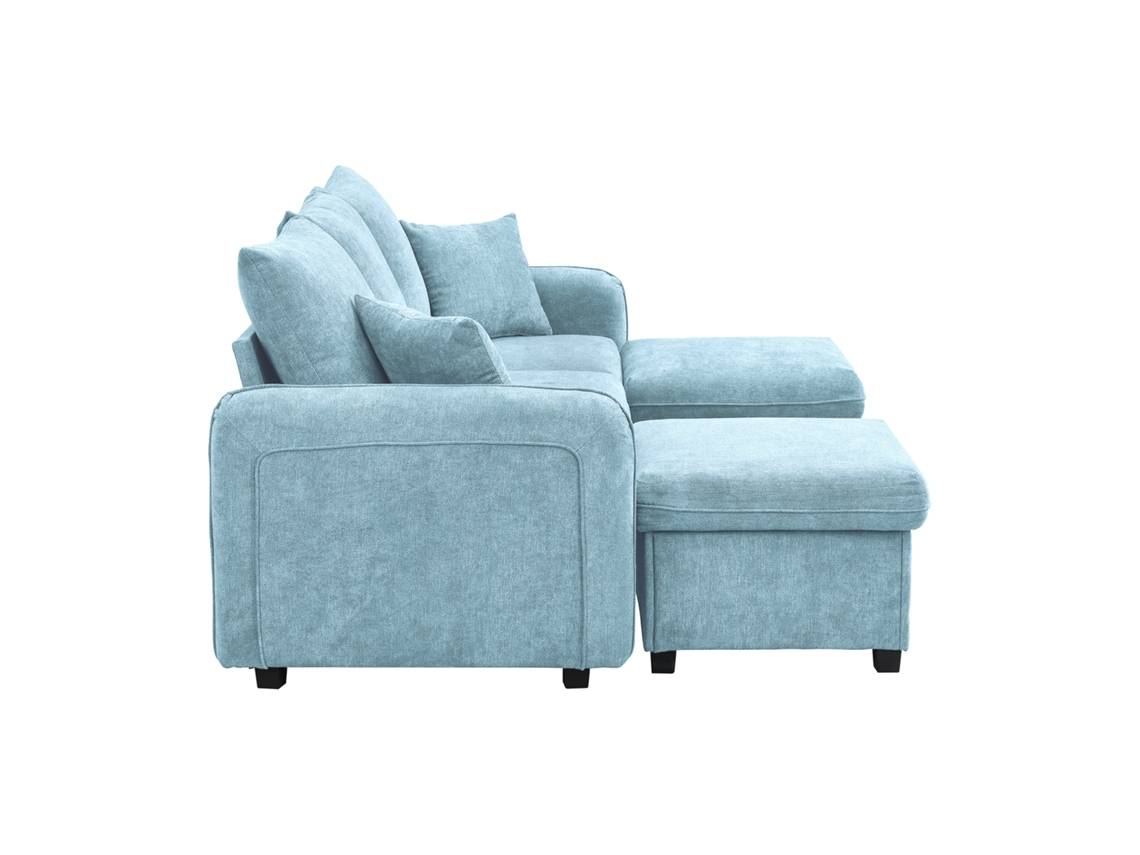 Sofá de canto multifuncional em formato de U com função de cama e espaço de armazenamento, incluindo pufe e gavetas, estilo modular em chenille.