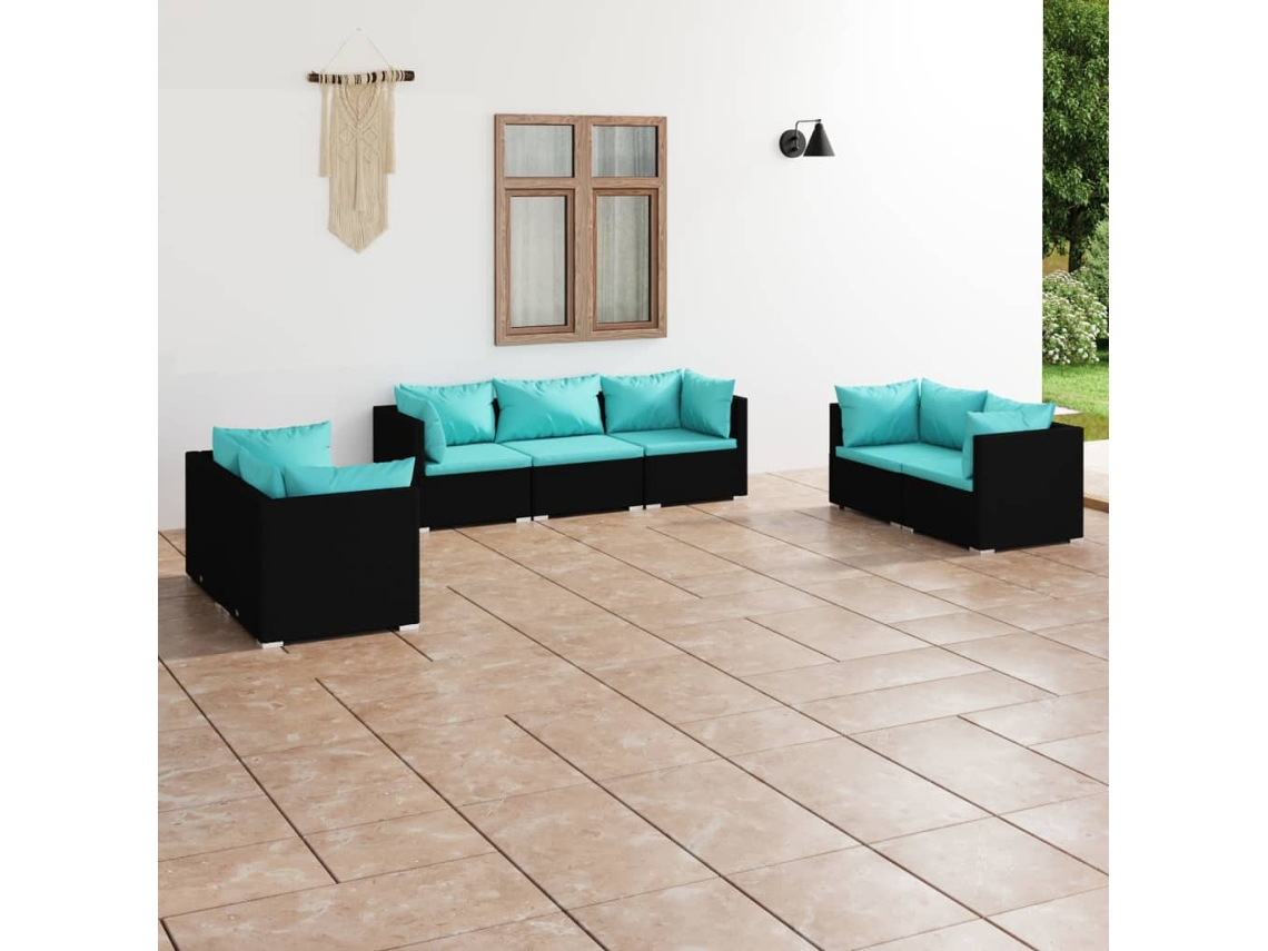 Vidaxl 7 Pcs Conjunto Lounge De Jardim C/ Almofadões Vime Pe Preto