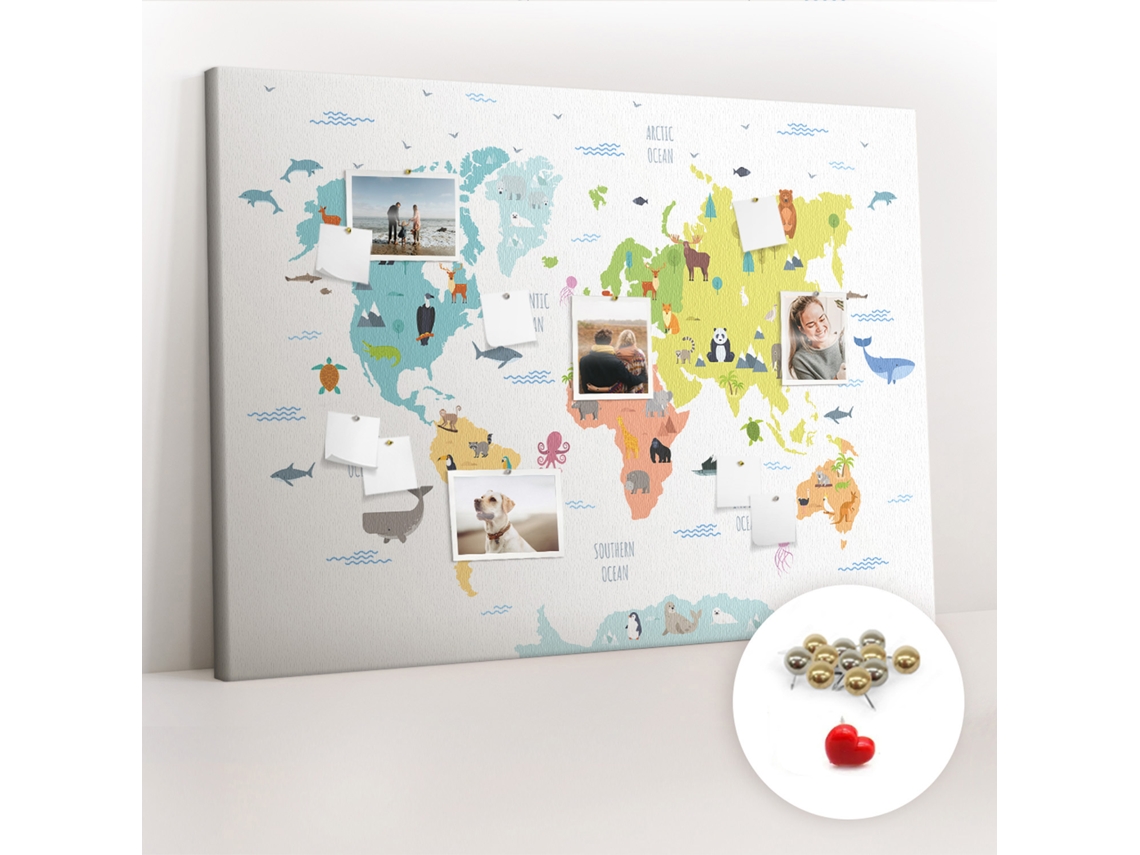 Quadro De Cortiça Mapa-múndi Com Animais Para O Quarto Das Crianças Espelharte (140x100 Cm)