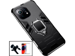 Kit Película de Vidro Temperado 5D Full Cover, Capa 3X1 Military Defender e Suporte Magnético de Carro Reforçado Xiaomi Mi 11 Lite 5G NE PHONECARE Preto