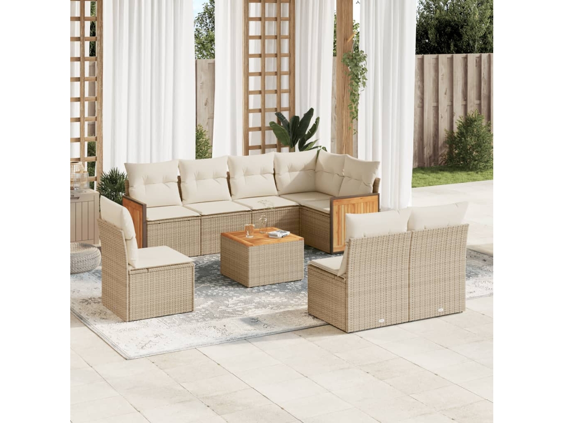 Vidaxl 9 Pcs Conjunto De Sofás P/ Jardim Com Almofadões Vime Pe Bege