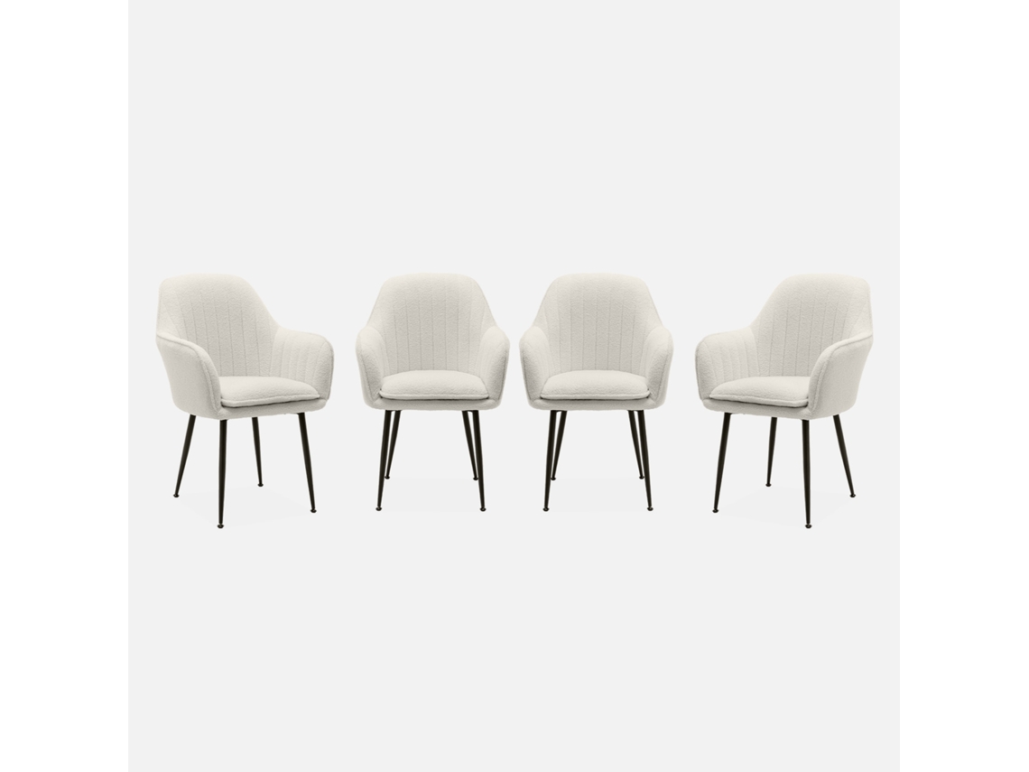 Cadeira Em Tecido Bouclé Com Pés Em Metal, Set De 4, Boucle Branco