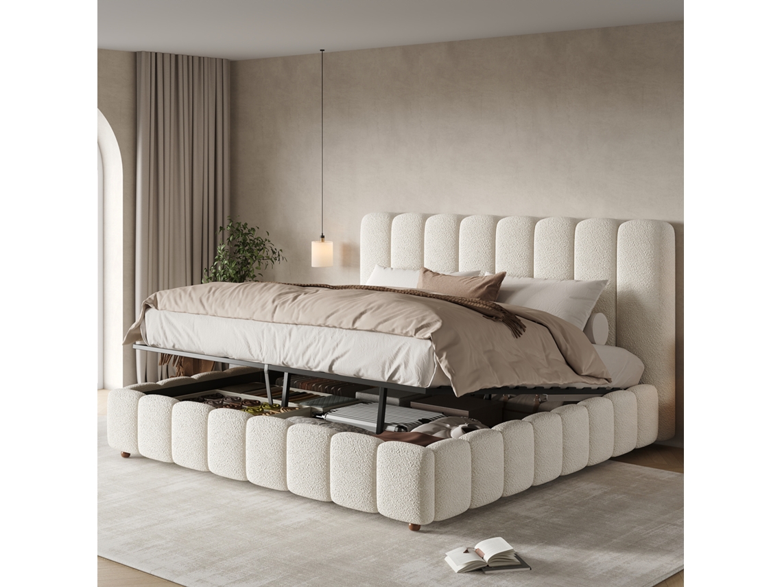 Cama casal 200x200cm bouclé branco, hidráulica, base ripas, cabeceira estofada, armazenamento GE | S/MARCA