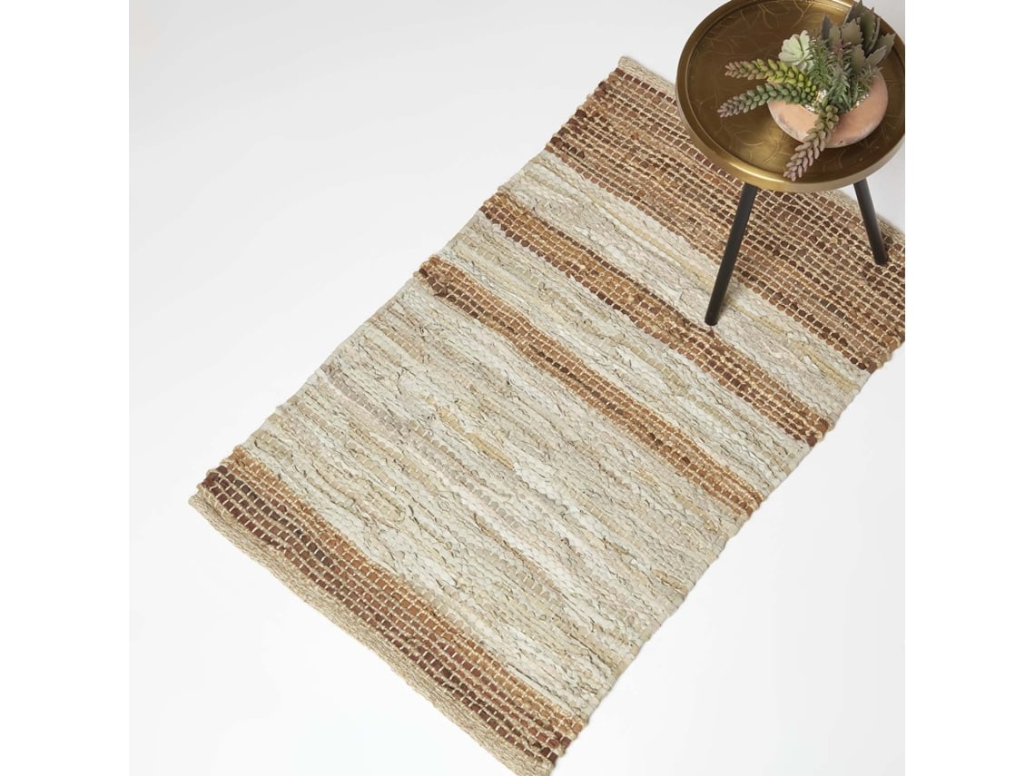 Homescapes Brown Recycled Leather Handwoven Stripe Rug, 60 X 90 Cm