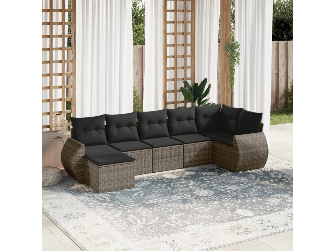 Vidaxl 7 Pcs Conjunto Sofás P/ Jardim C/ Almofadões Vime Pe Cinzento