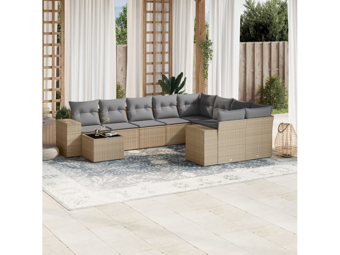 Vidaxl 10 Pcs Conjunto De Sofás P/ Jardim Com Almofadões Vime Pe Bege