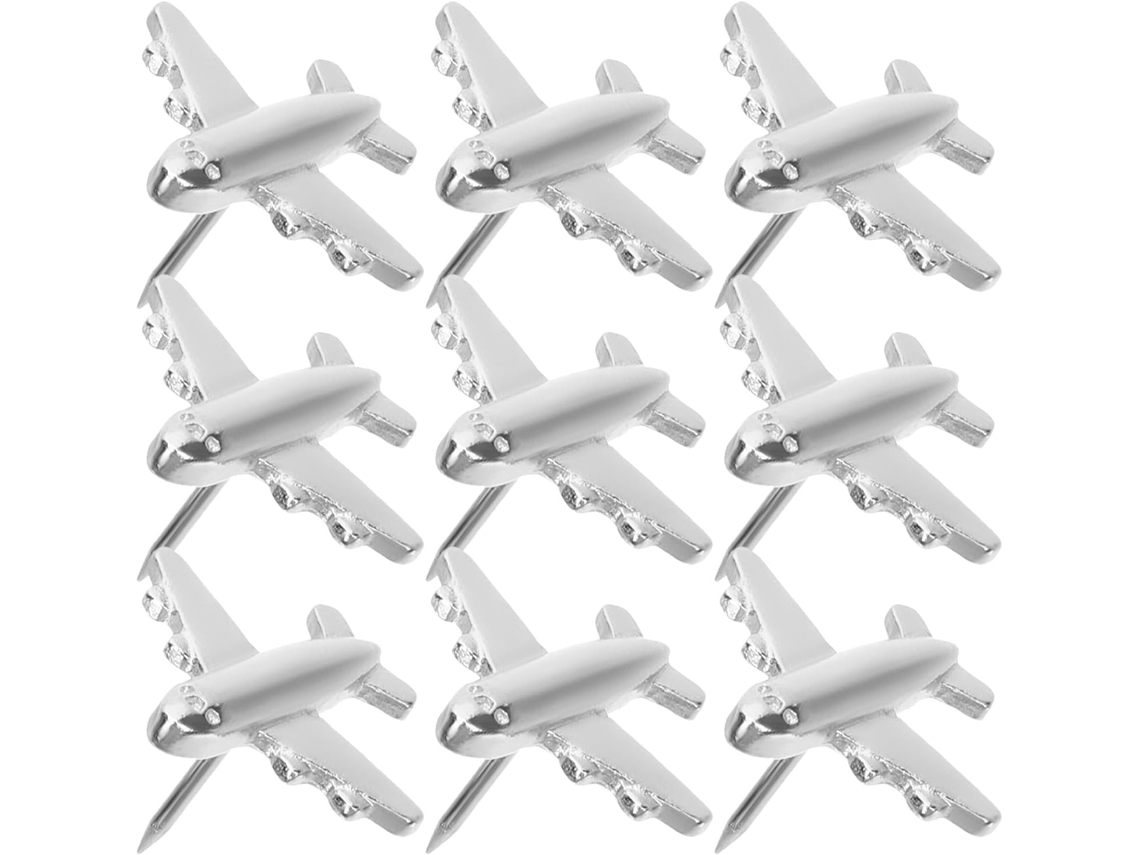 Tachinhas De Metal Em Formato Avião, 12 Unidades, Cor Prata, Multiuso Para Murais E Uso Escolar