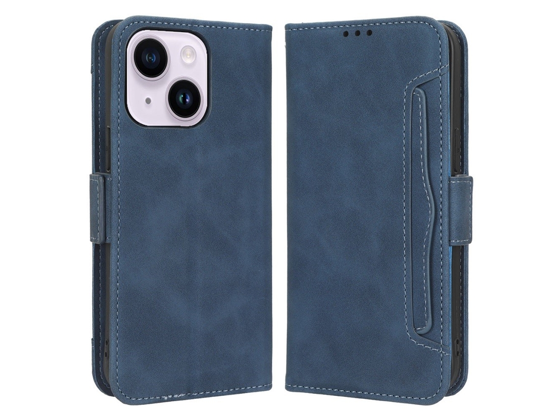 Capa Para Iphone 14 Plus Pele Sintética Anti-riscos Com Porta-cartões Azul