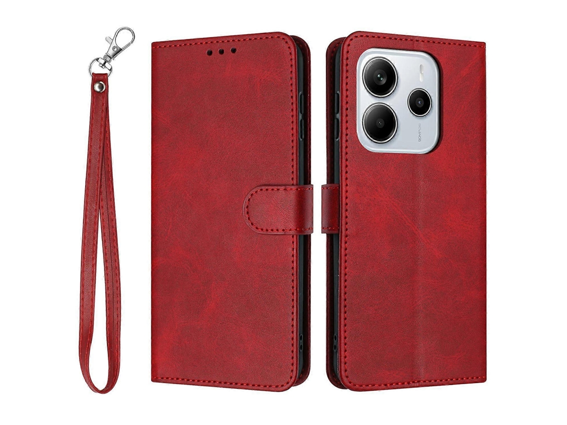 Capa Tipo Carteira De Couro Sintético Com Suporte Flip Para Xiaomi Redmi Note 14 4g (163,25 Mm) Com Textura De Bezerro Vermelha
