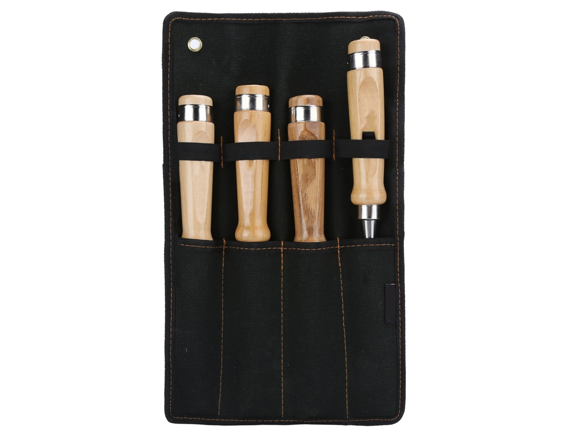 Primerox kit 4 Burins de Madeira com Lâmina Plana Aço Cromo vanádio para Marcenaria Diy
