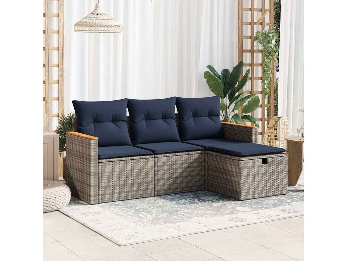 Vidaxl 4 Pcs Conjunto Sofás de Jardim C/ Almofadões Vime Pe Cinzento