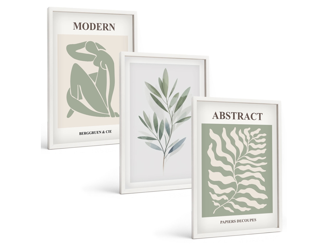 Pinturas Murais Modernas Designs Boho Em Aquarela Matisse Moldura Branca Quadros Para O Escritório Espelharte (3 Piezas De 40x60 Cm)