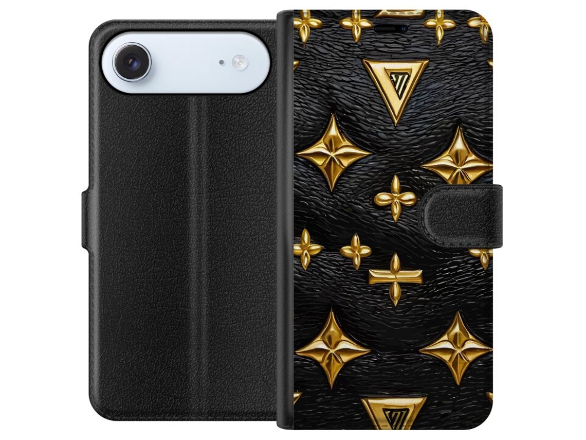 Capa Carteira Compatível Com Apple Iphone Air. Textura Preta Com Símbolos Dourados Em Relevo Em Um Padrão Exclusivo E Repetido. Design Moderno E Luxuo