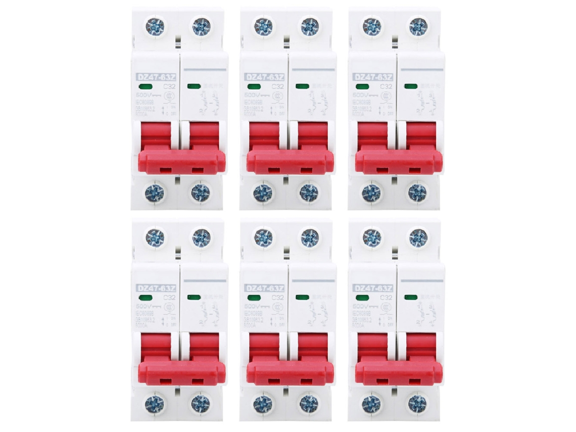 6 Peças de Interruptor de Circuito Mcb Dz47 63z Dc500v 2p 32a Protetor Solar Contra Sobrecarga e Fuga