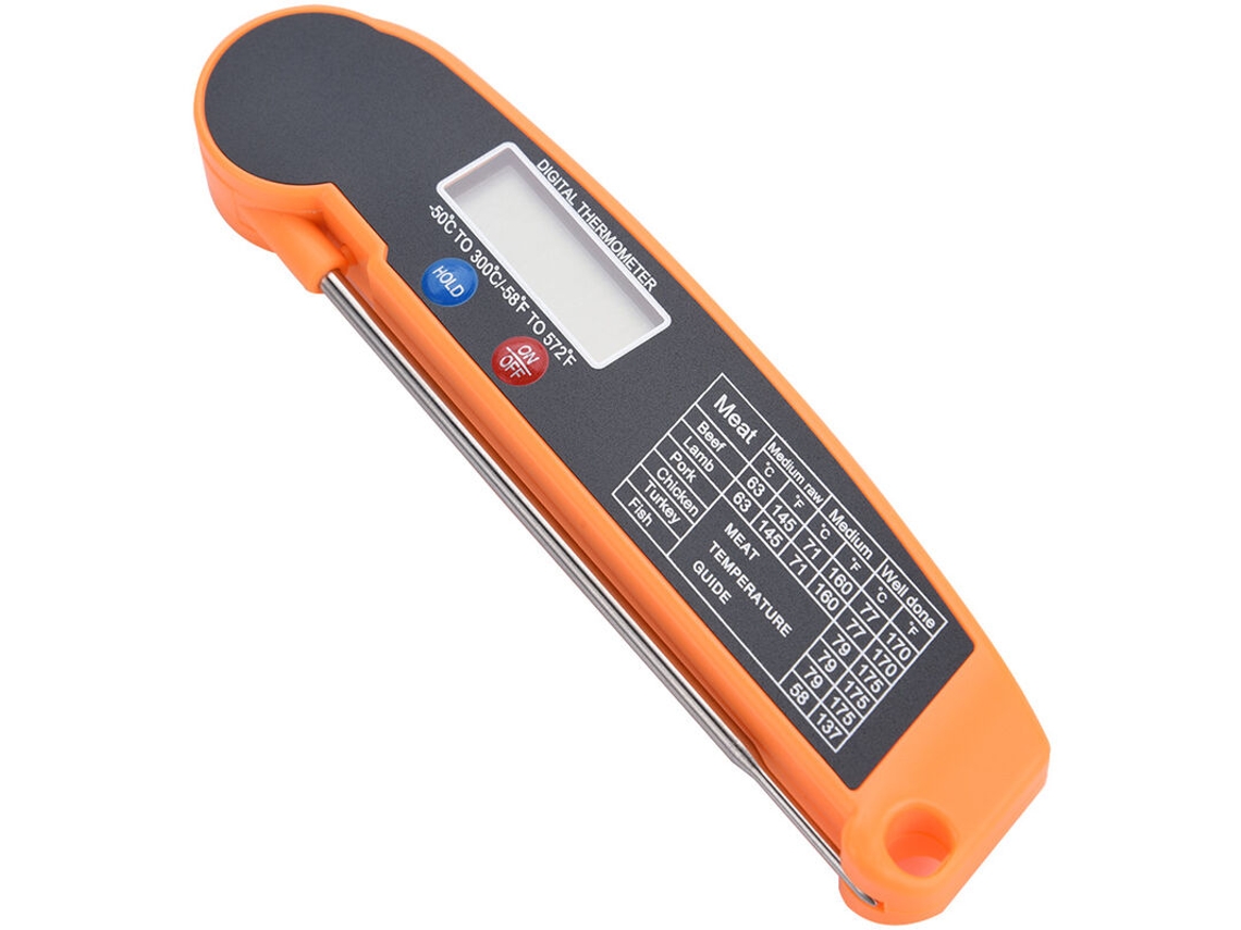 Termômetro Digital Lcd para Alimentos com Sonda Dobrável, Ideal Cozinha, Churrasco e Grelha. Cor: Laranja. AQUAFORGE