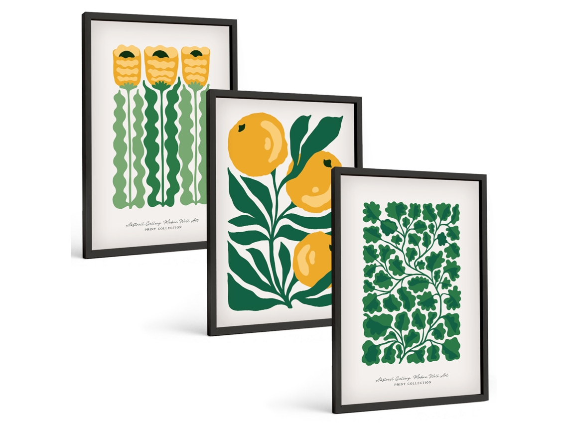 Galeria De Pinturas Murais Padrões De Plantas, Flores E Folhas Moldura Preta Quadros Para O Escritório Espelharte (3 Piezas De 40x60 Cm)