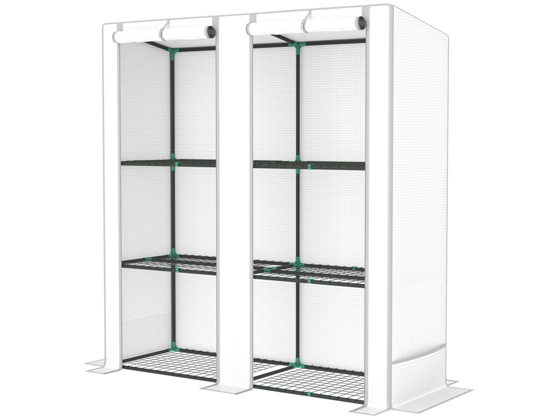 Fogão Externo Branca Com Telhado Inclinado, 3 Prateleiras, 2 Enrolláveis Portas Estrutura De Aço 144x48x152 Cm