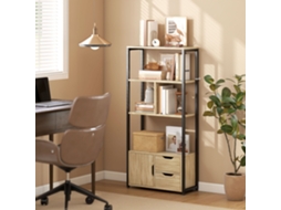 Estante Estilo Industrial Com 3 Prateleiras, Armário Com Porta E 2 Gavetas, 58 X 24 X 122 Cm, Efeito Madeira Natural, Aço Preto.