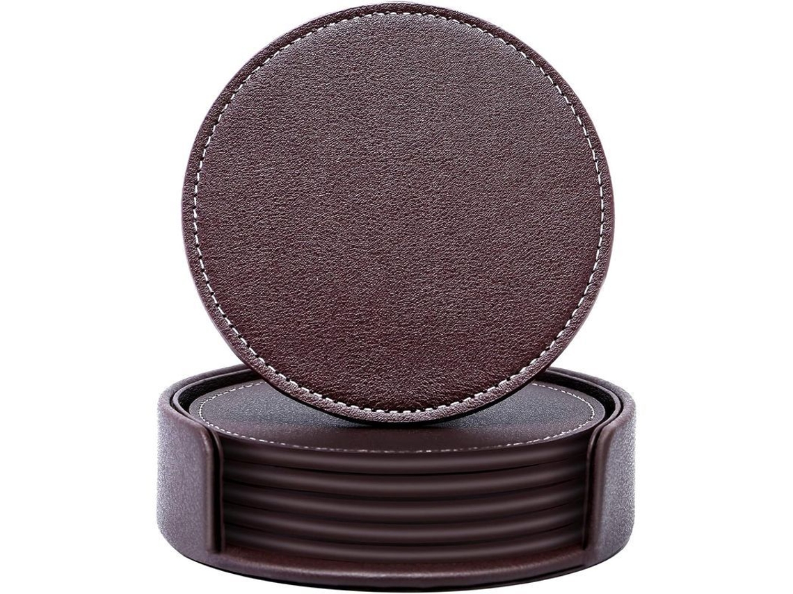 2026 conjunto de 6 Posavasos de Couro Pu Redondos com Suporte para Mesa, Protege Móveis de Manchas, para Casa/escritório/bar
